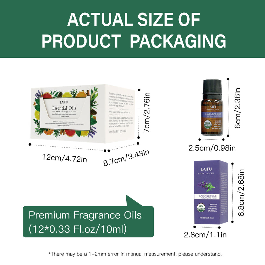 Actual size and dimensions of the LAIFU 12-Piece Essential Oil Set: gift box (12x8.7x7cm), single 10ml bottle (6x2.5cm), and single paper box (6.8x2.8cm).