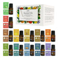 Complete collection of the LAIFU Essential Oils Aromatherapy Set: 12 bottles and 12 individual boxes featuring scents like Rosemary, Peppermint, Frankincense, Eucalyptus, Lemon, and Cedarwood.