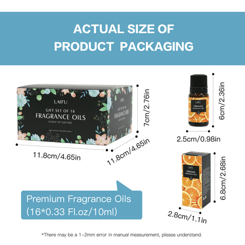Actual size and dimensions of the LAIFU 16-piece fragrance oil set: gift box (11.8x11.8x7cm) and single 10ml bottle (6x2.5cm), perfect for DIY projects.