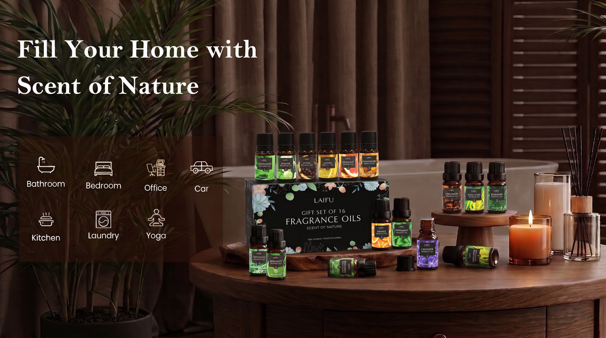 LAIFU Gift Set of 16 Fragrance Oils displayed on a wooden table in a cozy home setting with a bathtub and plants, promoting "Fill Your Home with Scent of Nature" for multiple uses including bathroom, bedroom, office, car, kitchen, laundry, and yoga.