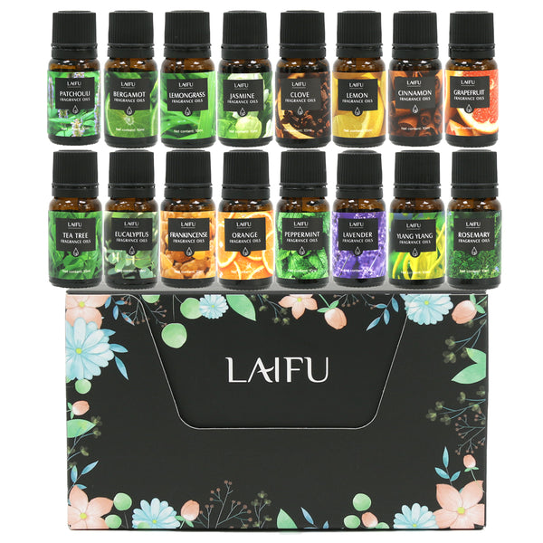 LAIFU Gift Set of 16 Fragrance Oils displayed above the black floral printed box, featuring scents like Patchouli, Bergamot, Jasmine, Clove, Lemon, Cinnamon, Grapefruit, Tea Tree, Eucalyptus, Frankincense, Orange, Peppermint, Lavender, Ylang Ylang, Rosemary.