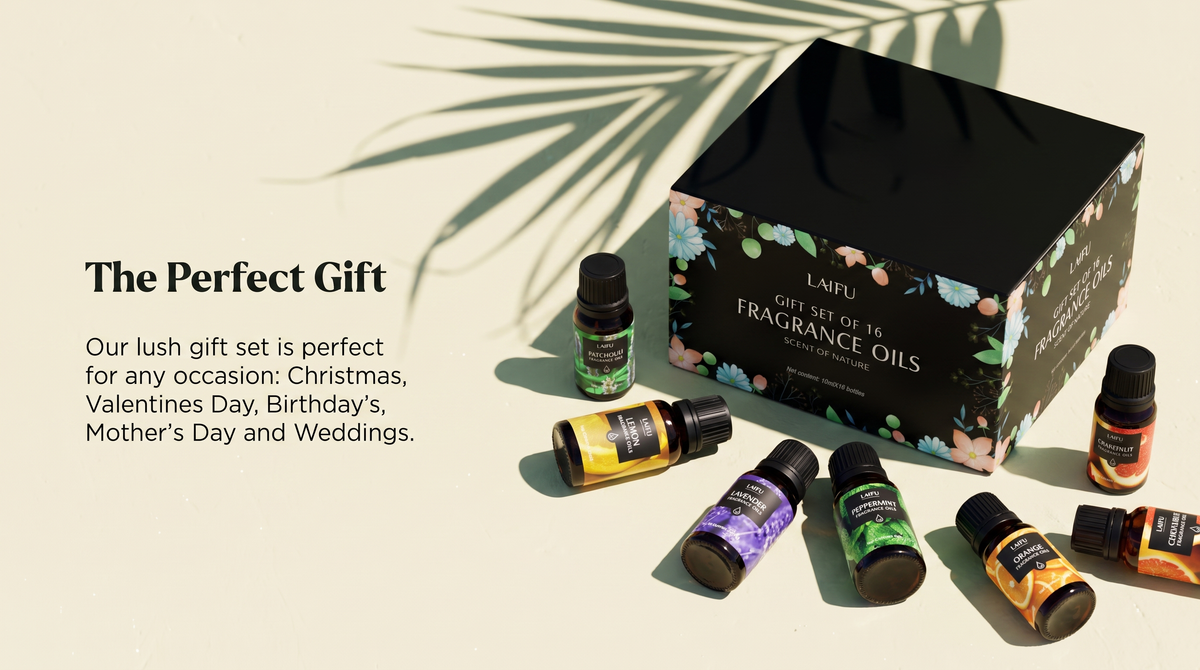 LAIFU Gift Set of 16 Fragrance Oils in a black floral box, presented as "The Perfect Gift" for occasions like Christmas, Valentine's Day, Birthdays, Mother's Day, and Weddings.
