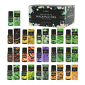 Complete collection of the LAIFU 16-Piece Fragrance Oil Gift Set, including the floral gift box, 16 amber bottles, and 16 individual scent boxes arranged neatly.