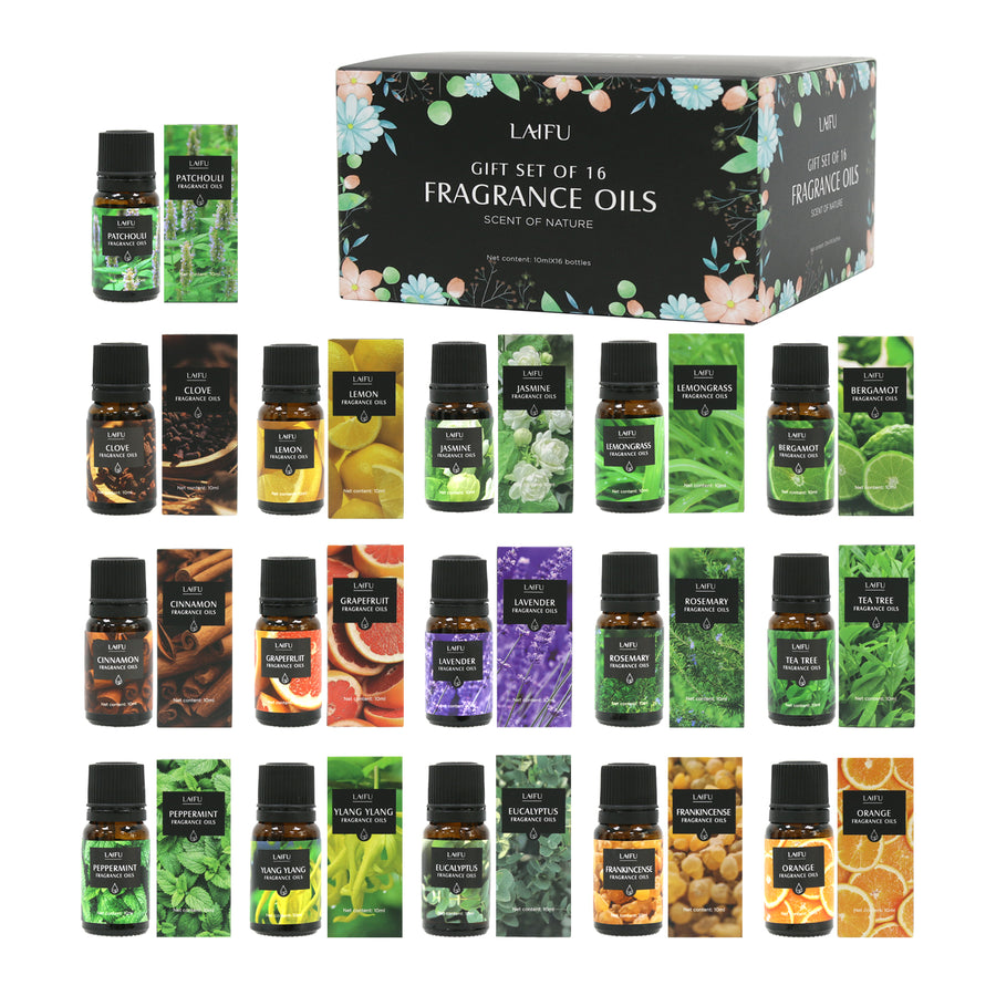 Complete collection of the LAIFU 16-Piece Fragrance Oil Gift Set, including the floral gift box, 16 amber bottles, and 16 individual scent boxes arranged neatly.