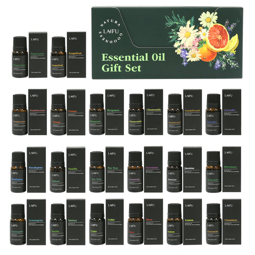 LAIFU 20-piece essential oil gift set featuring a variety of scents including Lavender, Peppermint, Tea Tree, and Citrus, displayed with the green floral gift box and individual packaging.