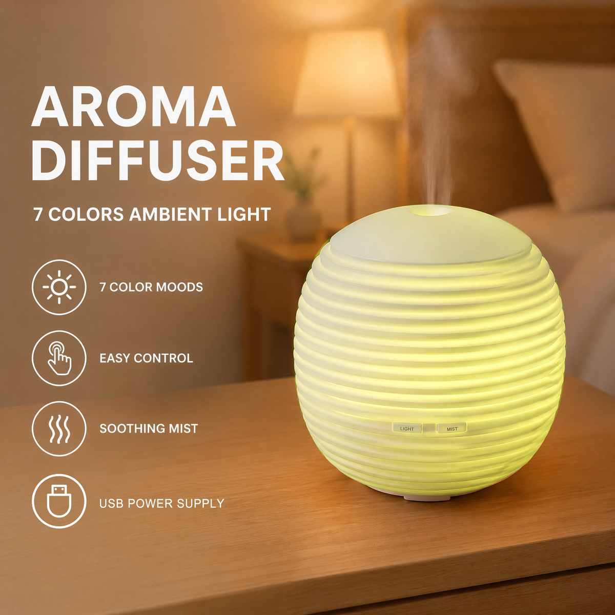 Aroma diffuser features infographic: 7 Color Ambient Moods, Easy Control, Soothing Mist, and USB Power Supply, shown with the device glowing yellow.
