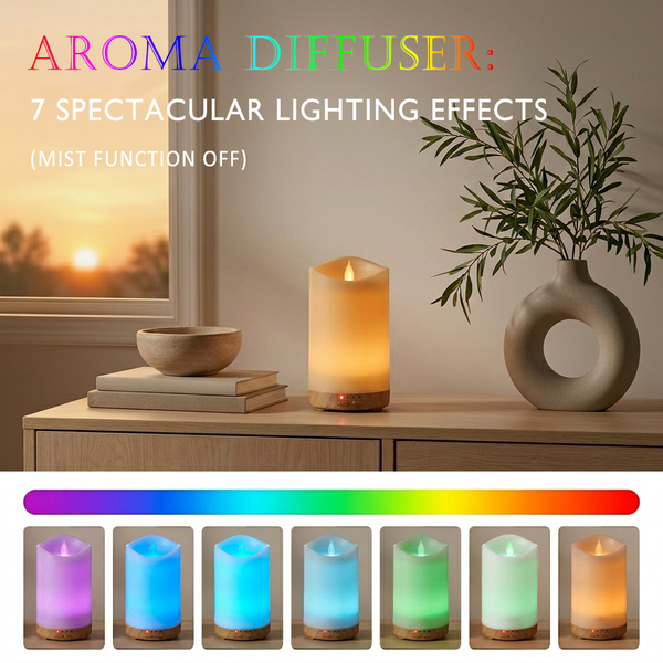Aroma diffuser displaying 7 spectacular lighting effects on a wooden cabinet with mist function off, serving as a beautiful night light.