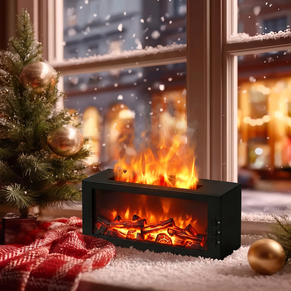 Black fireplace essential oil diffuser set with realistic flame effect and warm mist on a snowy Christmas windowsill, featuring cozy holiday decor with a small Christmas tree, red plaid blanket, and gold ornaments, perfect winter aromatherapy gift.
