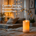 Candle design aromatherapy humidifier on a bed showcasing key features: Aromatherapy, Humidification, 7 Color Lights, and Mute function.