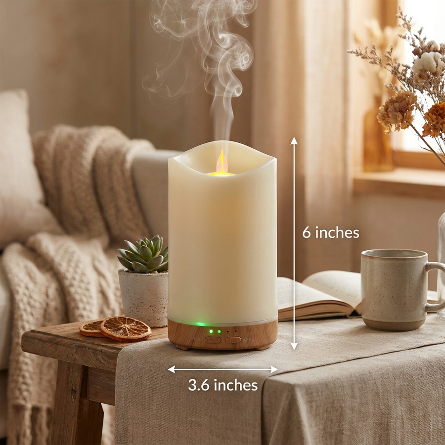 Actual size of the candle light wood diffuser: 6 inches in height and 3.6 inches in width, placed on a side table with a book and coffee mug.