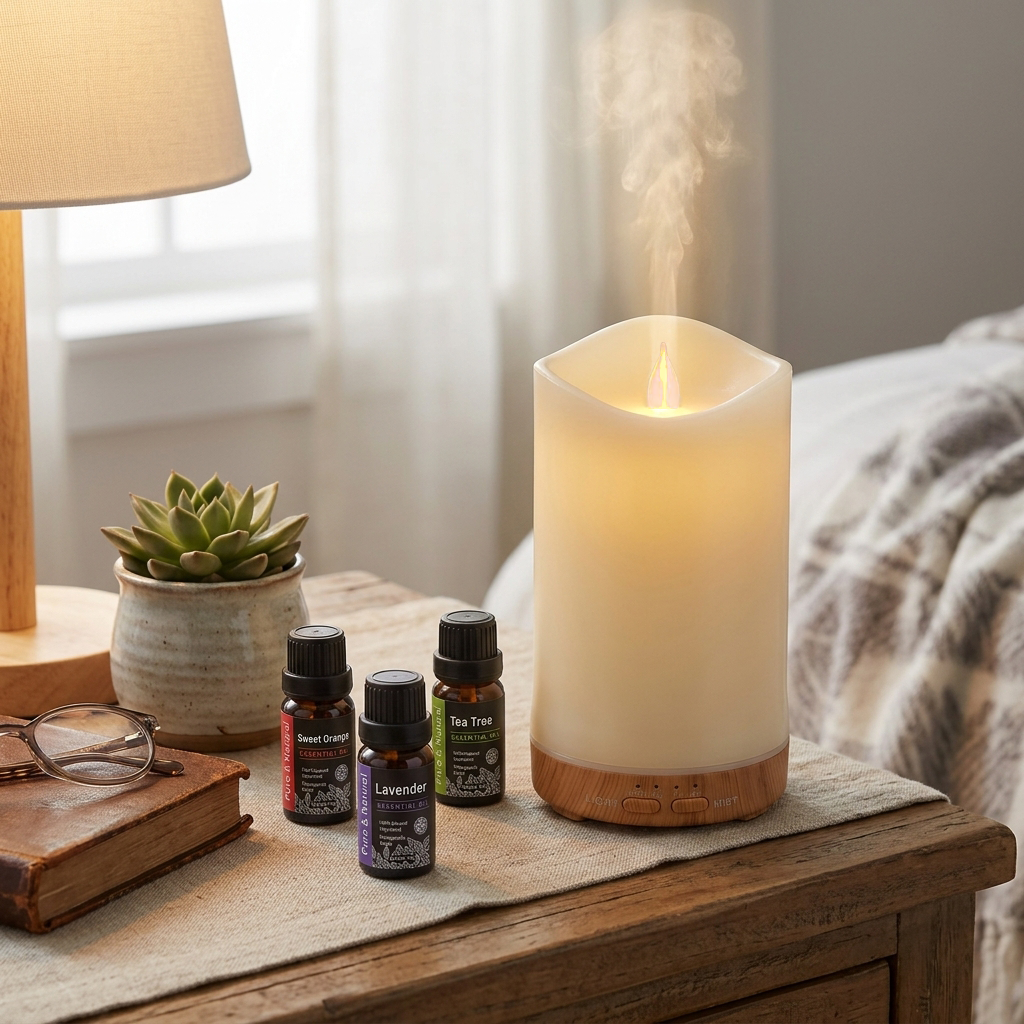 Candle light diffuser emitting mist on a rustic bedside table, accompanied by a set of essential oils (Sweet Orange, Lavender, Tea Tree), an open book, glasses, and a succulent plant.