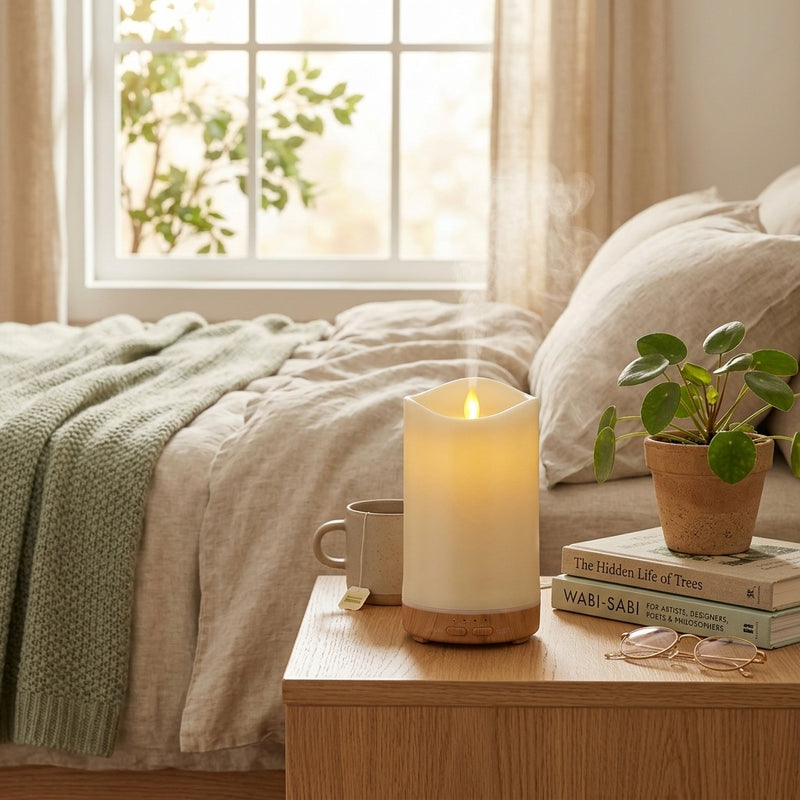 Candle design aromatherapy diffuser on a wooden nightstand in a bright, airy bedroom, next to a cup of tea, books, and a potted plant, creating a relaxing morning atmosphere.