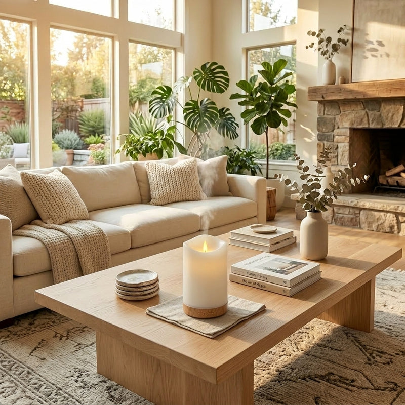 Candle light humidifier diffuser placed on a wooden coffee table in a spacious, sunlit living room with a stone fireplace, comfortable sofa, and large windows.