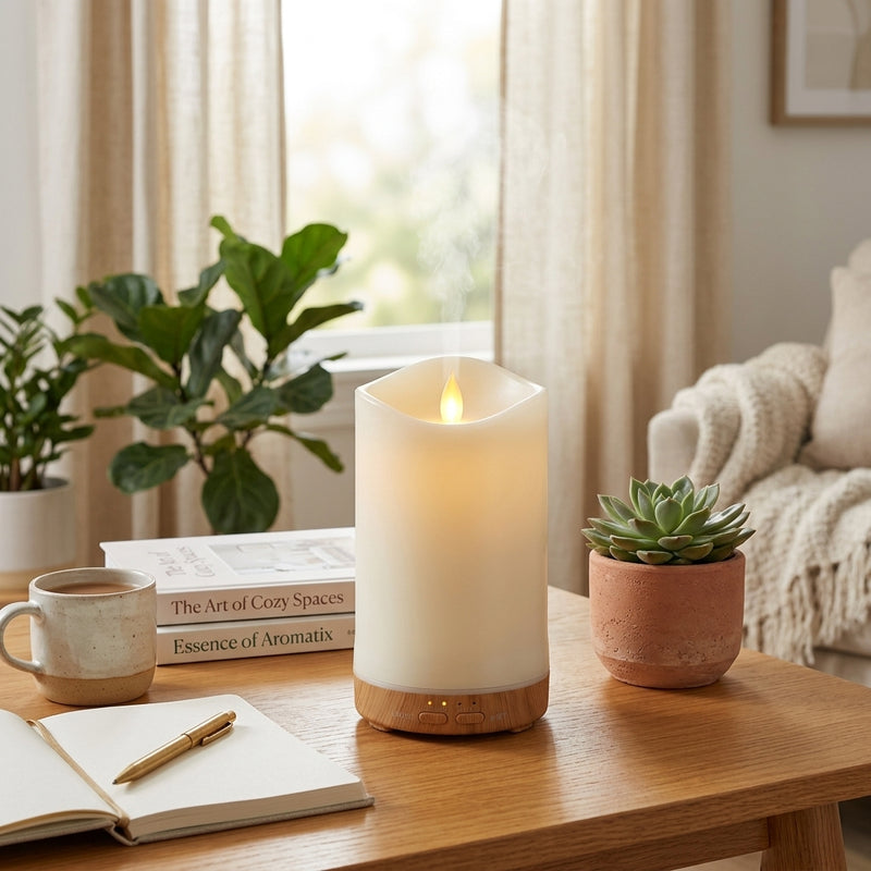Candle light wood diffuser on a study desk with a cup of coffee, an open notebook, and a pen, surrounded by houseplants, perfect for a focused and cozy work environment.