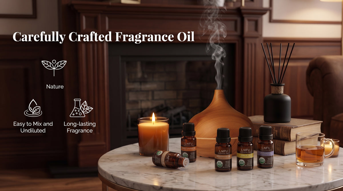 Carefully crafted LAIFU Fragrance Oils used in a ceramic diffuser with steam, a lit candle, and reed diffuser by a cozy fireplace, offering nature and long-lasting fragrance.