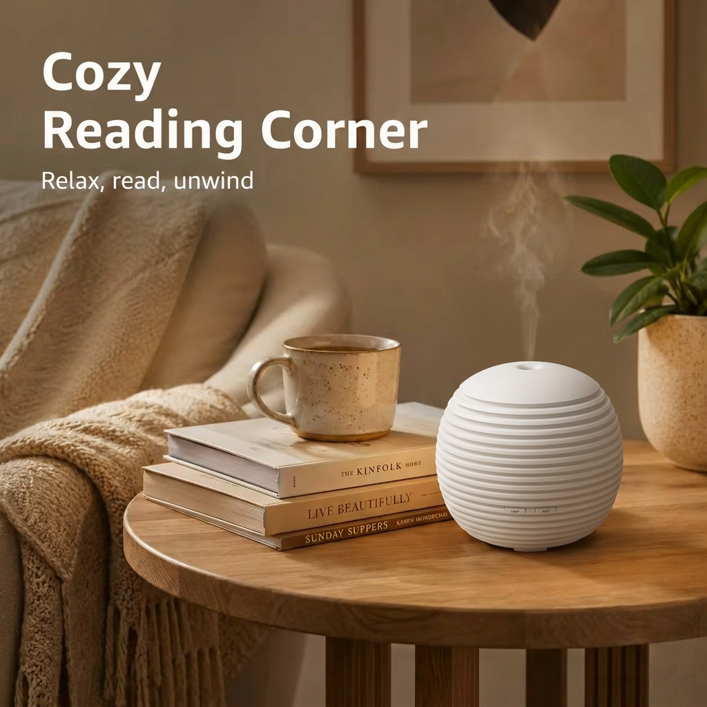 Creating a cozy reading corner with the white ribbed diffuser emitting mist, placed next to a coffee mug and books like 'Kinfolk' on a wooden table.