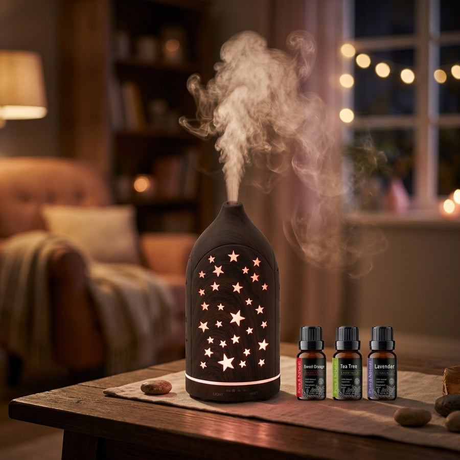 Dark wood grain star cutout diffuser emitting warm white light and mist in a cozy living room at night, accompanied by Sweet Orange, Tea Tree, and Lavender essential oils.
