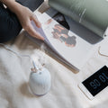 Cute deer humidifier emitting cool mist on a carpet next to a person reading a magazine and a mobile phone showing 10:06, perfect for relaxation.