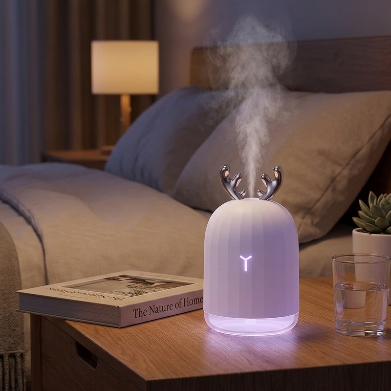 Cute deer humidifier with glowing purple light on a nightstand in a cozy bedroom, perfect for sleep and relaxation, next to a book and a glass of water.