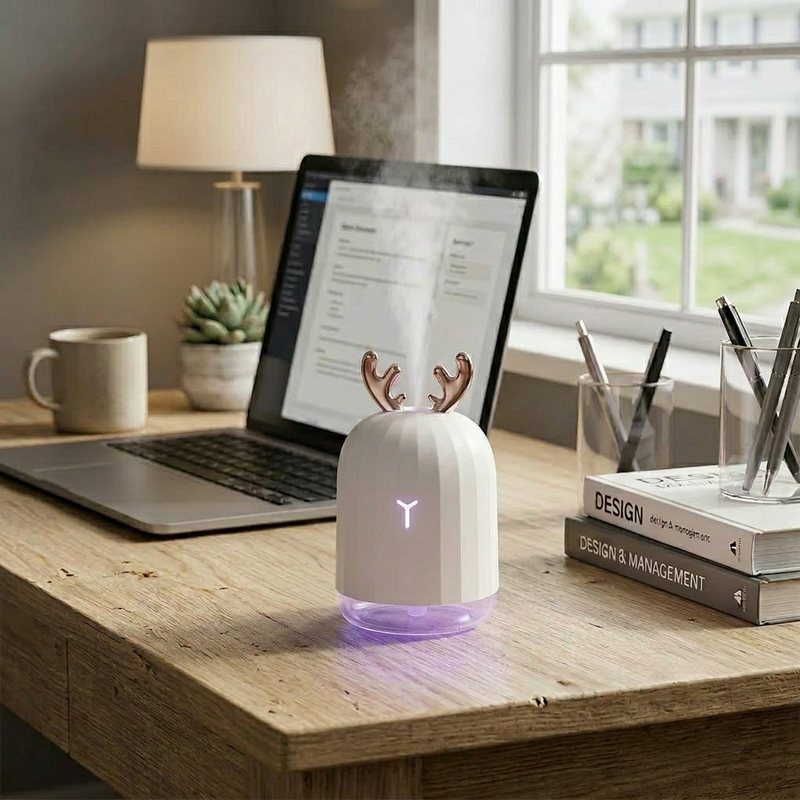 Compact deer humidifier on a wooden office desk providing soothing mist, alongside a laptop, keyboard, and stationery, ideal for work from home focus.