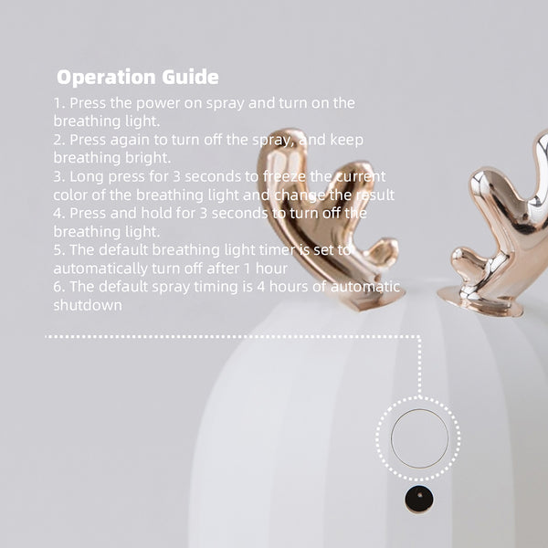 Operation guide for the cute deer humidifier detailing button functions, breathing light modes, and automatic shutdown timers.