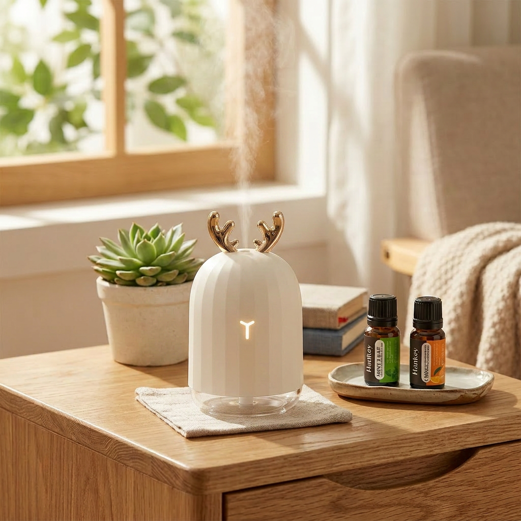 Cute deer white humidifier emitting mist on a wooden table by a sunny window, next to a set of essential oils (Mint Leaf and Orange), a succulent plant, and books.