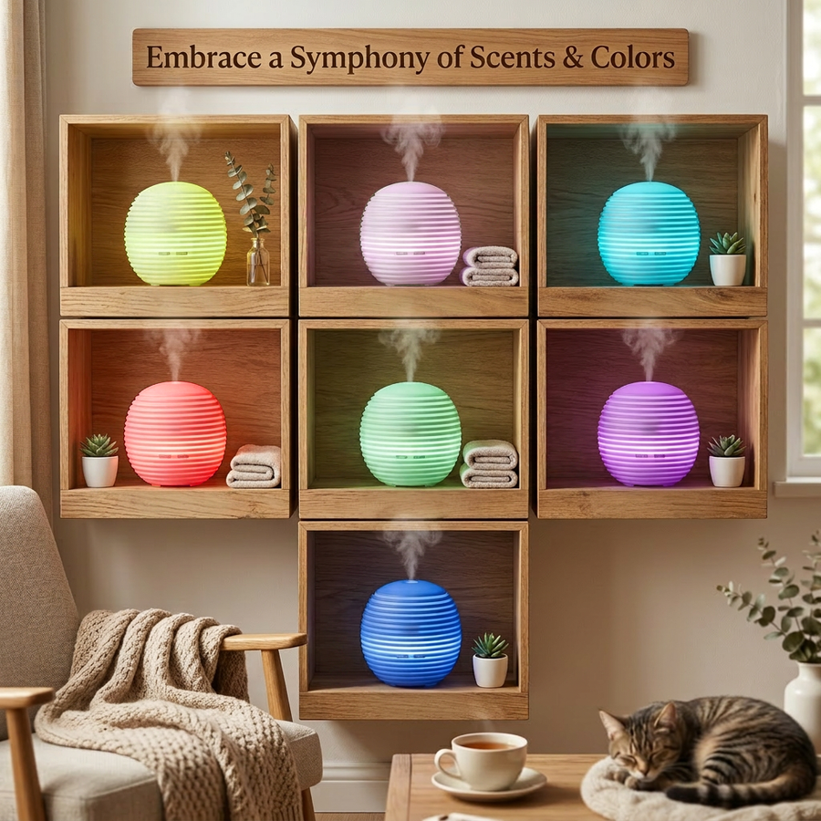 Embrace a symphony of scents and colors with the mini diffuser displaying 7 vibrant LED light modes in wooden shelves, with a sleeping cat below.
