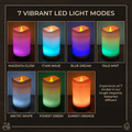 7 Vibrant LED Light Modes for the candle diffuser: Magenta Glow, Cyan Wave, Blue Dream, Pale Mint, Arctic White, Forest Green, and Sunset Orange.