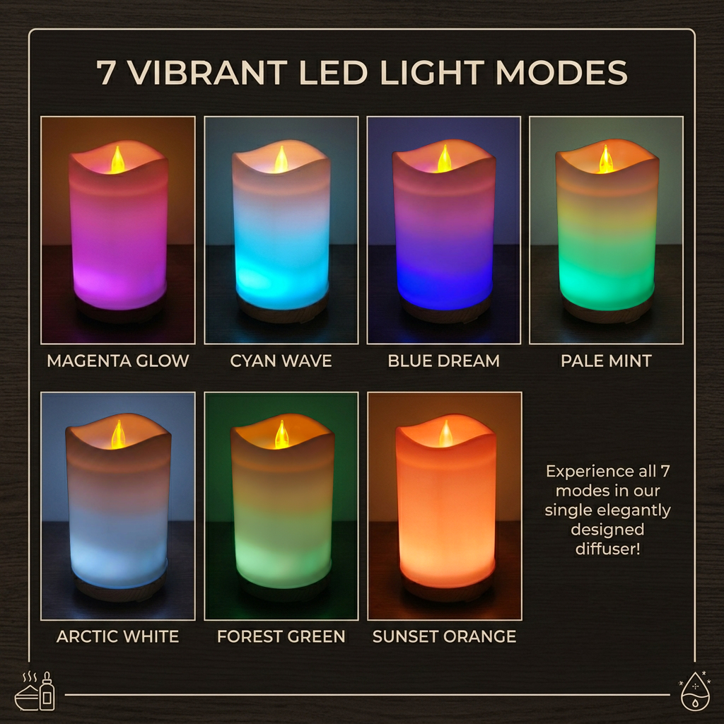 7 Vibrant LED Light Modes for the candle diffuser: Magenta Glow, Cyan Wave, Blue Dream, Pale Mint, Arctic White, Forest Green, and Sunset Orange.