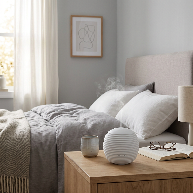 White orb diffuser emitting mist on a wooden nightstand in a bright bedroom, accompanied by a ceramic tea cup, an open book, and glasses, creating a serene morning routine.
