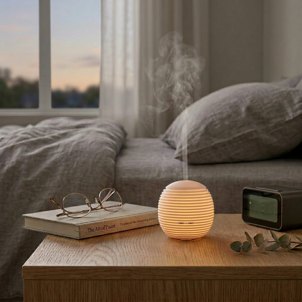 Mini lantern diffuser glowing with warm light in a cozy evening living room, placed next to the book 'The Art of Pause', reading glasses, and a digital clock.