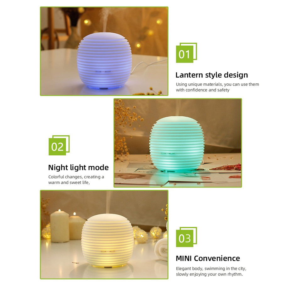 Key features of the mini diffuser: Lantern style design using unique materials, Night light mode with colorful changes, and MINI Convenience for portability.