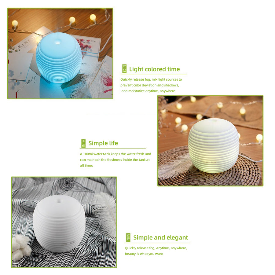 Mini lantern diffuser in various settings: blue light for 'Light colored time', on a wooden table for 'Simple life', and on a mat for 'Simple and elegant' vibes.