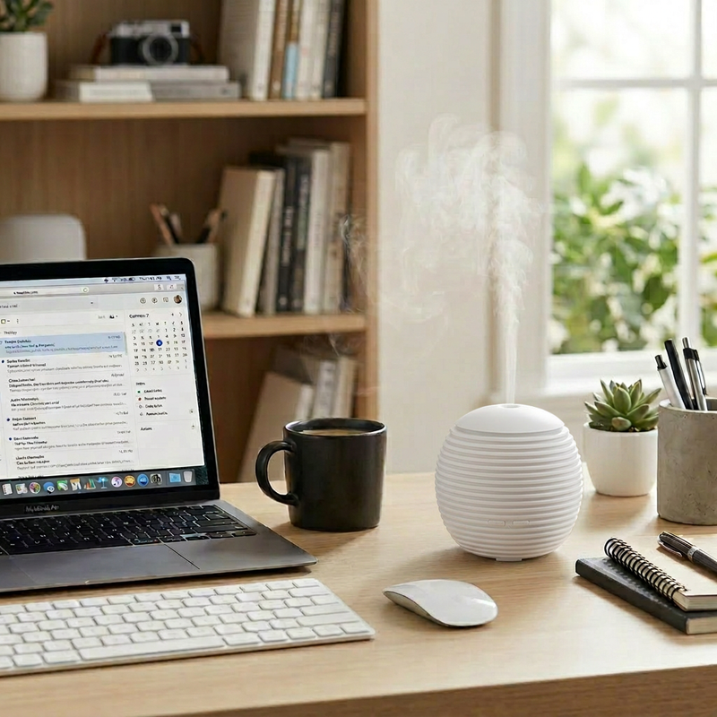 Compact white diffuser on a clean office desk providing soothing mist, next to a laptop with a calendar, keyboard, mouse, and coffee mug, ideal for work from home focus.