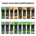 Visual guide to enjoy 16 favorite scents from the LAIFU fragrance oil set: Tea Tree, Eucalyptus, Frankincense, Orange, Clove, Lemon, Cinnamon, Grapefruit, Peppermint, Lavender, Ylang Ylang, Rosemary, Patchouli, Bergamot, Lemongrass, Jasmine.