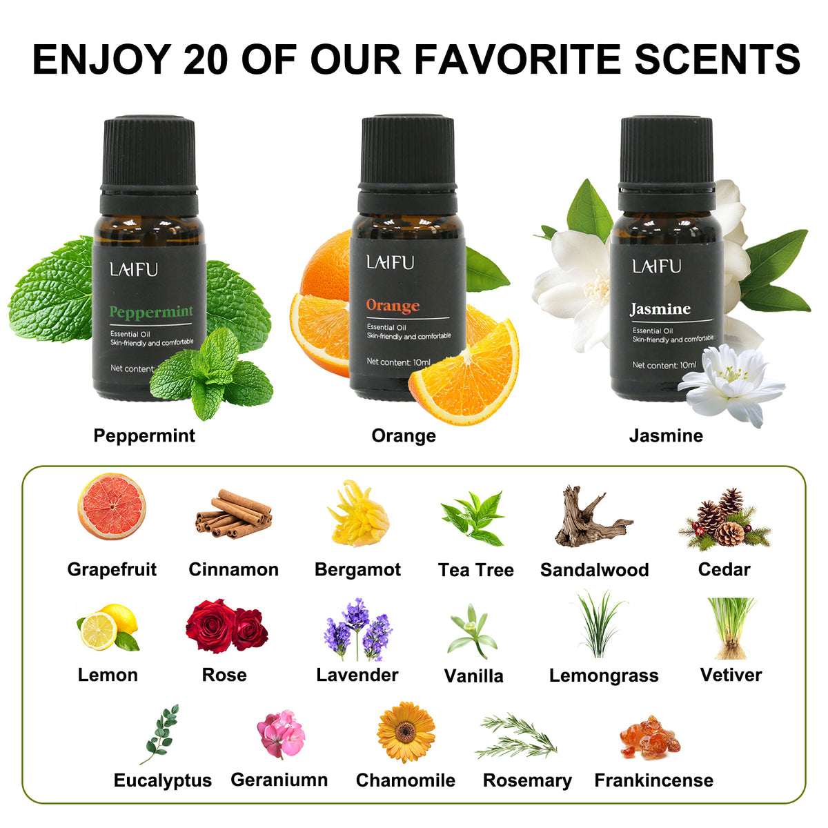 Visual guide to enjoy 20 favorite scents from the LAIFU essential oil set, featuring Peppermint, Orange, Jasmine, and illustrations of Grapefruit, Cinnamon, Sandalwood, Lavender, and more.