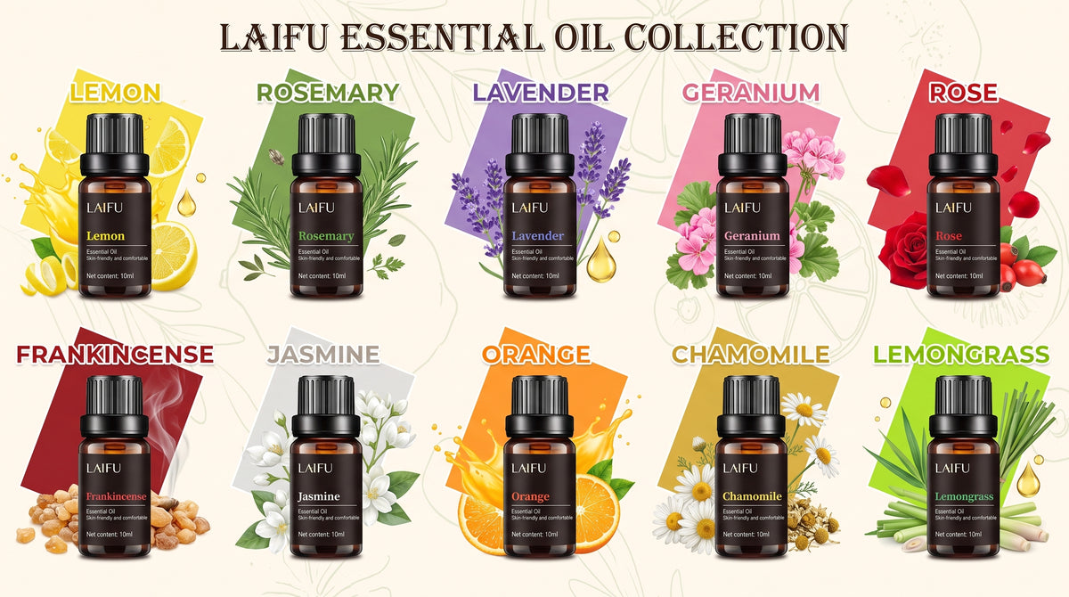 LAIFU Essential Oil Collection Part 1: Featuring Lemon, Rosemary, Lavender, Geranium, Rose, Frankincense, Jasmine, Orange, Chamomile, and Lemongrass with botanical illustrations.