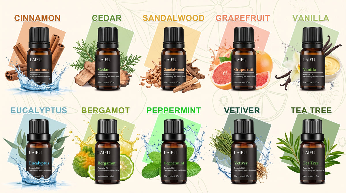 LAIFU Essential Oil Collection Part 2: Featuring Cinnamon, Cedar, Sandalwood, Grapefruit, Vanilla, Eucalyptus, Bergamot, Peppermint, Vetiver, and Tea Tree with water splash effects.