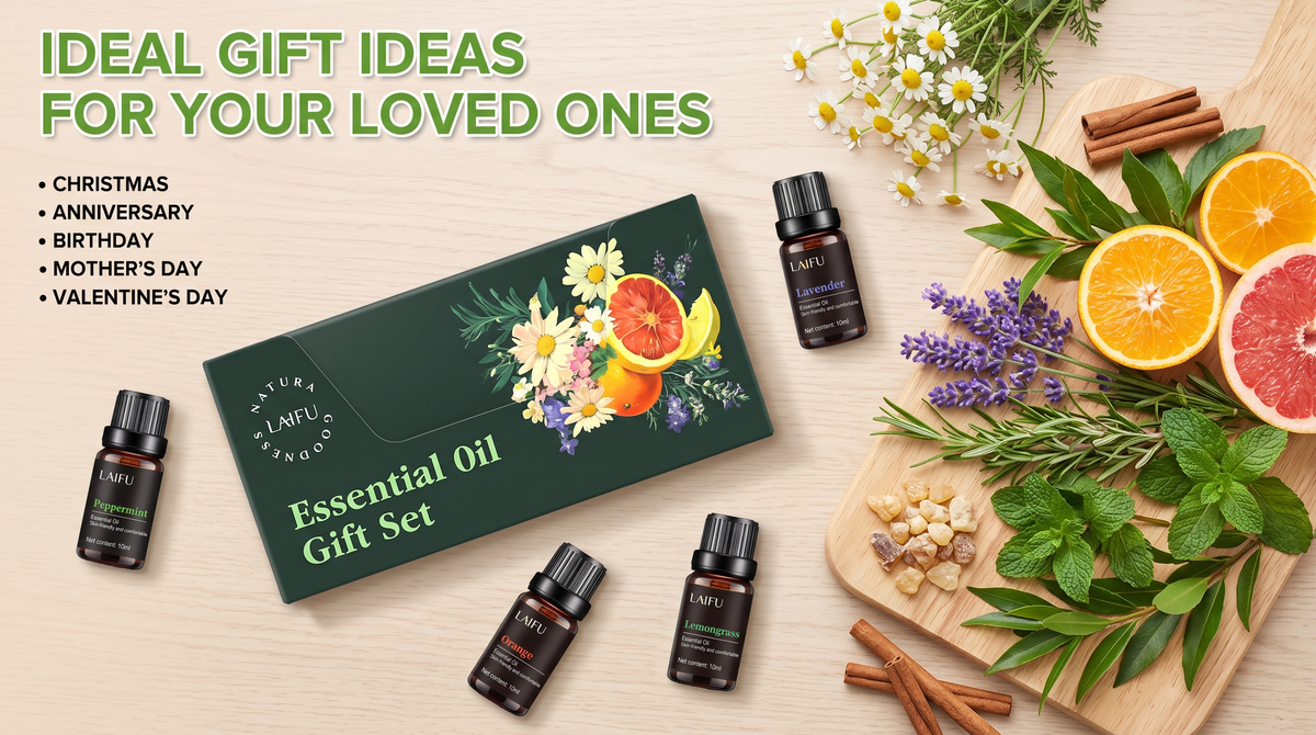 Ideal gift ideas for loved ones: LAIFU Essential Oil Gift Set arranged on a wooden board with fresh orange slices, cinnamon sticks, and mint, perfect for Christmas, Anniversaries, and Mother's Day.