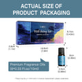 Actual size and dimensions of the Well-being essential oil set: box (19.8x8.7x2.8cm) and single bottle (6x2.5cm), 6 bottles of 10ml each.