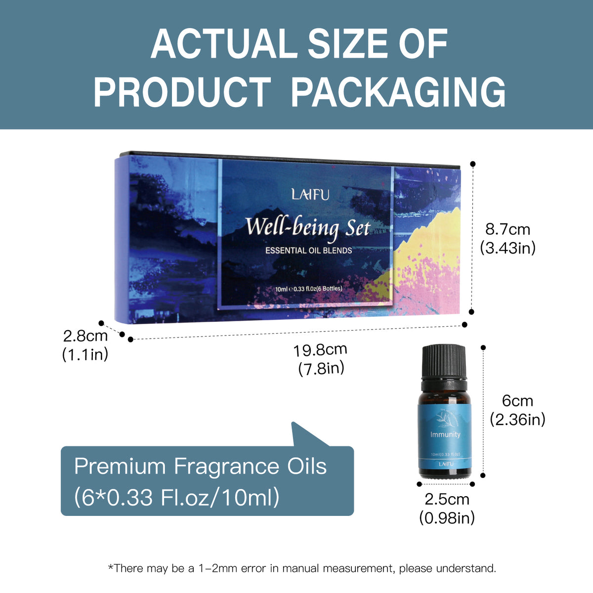 Actual size and dimensions of the Well-being essential oil set: box (19.8x8.7x2.8cm) and single bottle (6x2.5cm), 6 bottles of 10ml each.