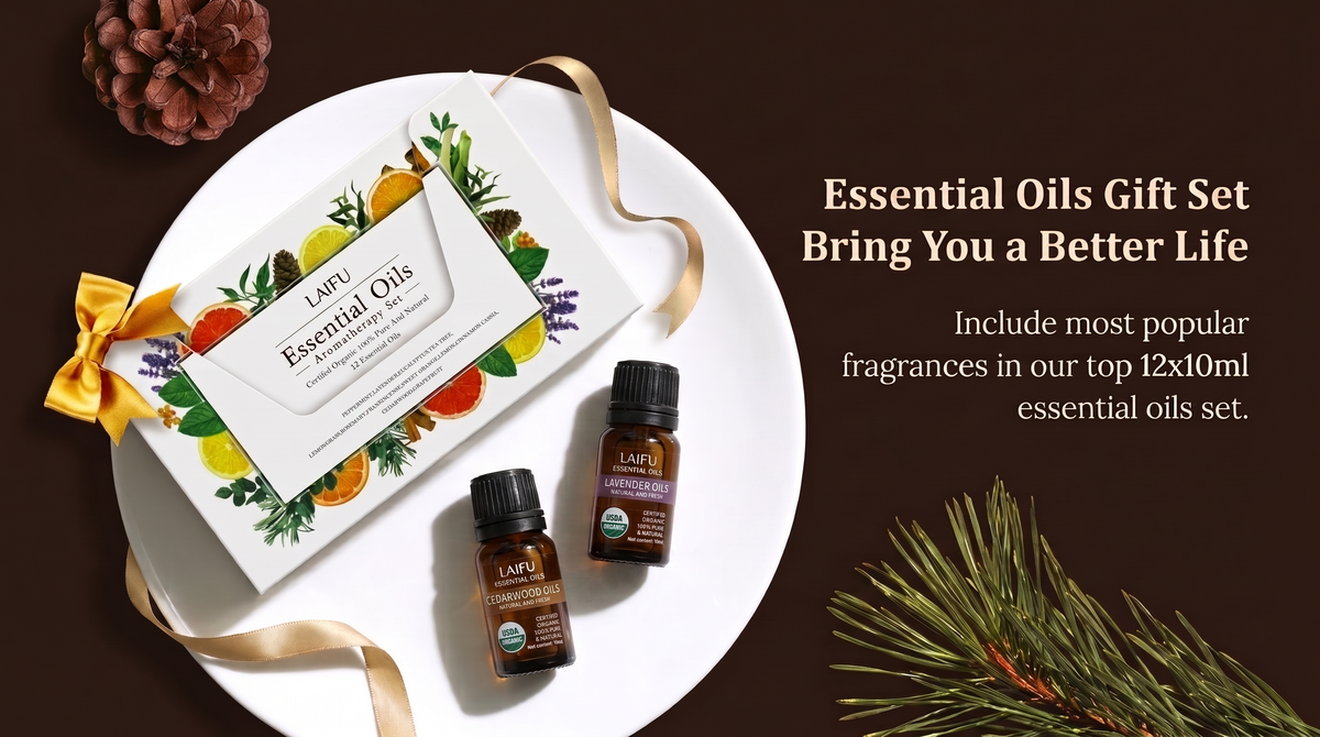 LAIFU Essential Oils Gift Set wrapped with a gold ribbon on a white plate with pine cones and branches, an ideal gift to bring you a better life with 12 popular 10ml organic oils.