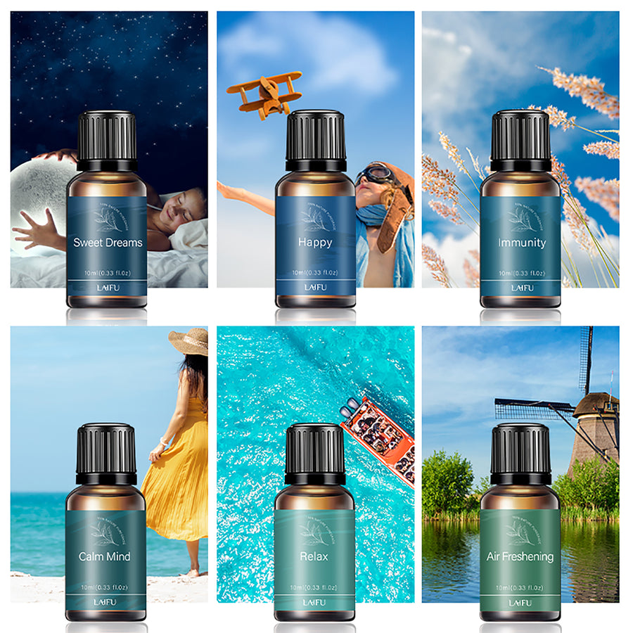 Lifestyle scenes corresponding to Well-being essential oil set: Sweet Dreams (sleep), Happy (travel), Immunity (nature), Calm Mind (beach), Relax (pool), and Air Freshening (home).
