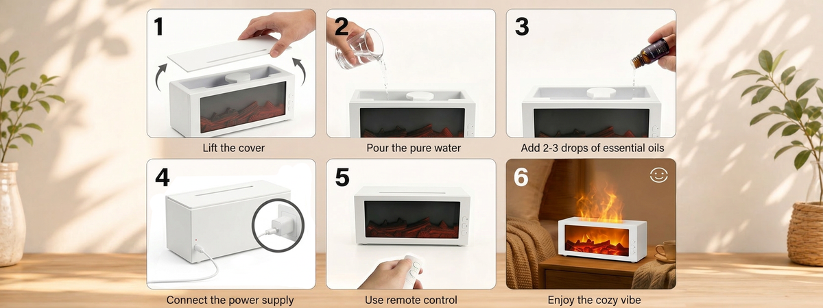 Step-by-step instruction manual for the white fireplace diffuser: lift cover, pour pure water, add essential oils, connect power, use remote, and enjoy the cozy vibe.