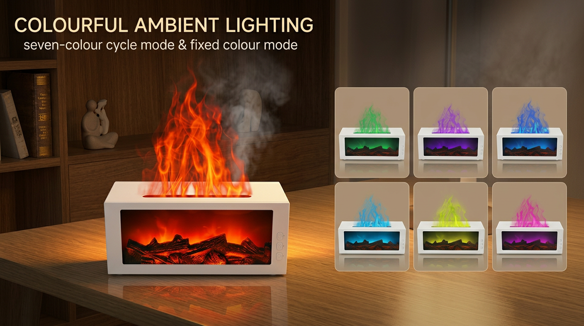 White fireplace diffuser displaying colourful ambient lighting options, including seven-colour cycle mode and fixed colour mode for the flame effect.