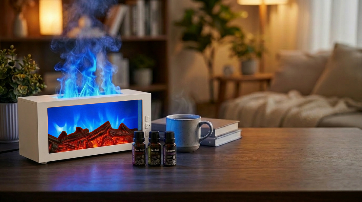 White fireplace diffuser creating a unique blue flame effect with mist, placed on a wooden table with a coffee cup and 3 essential oil bottles.