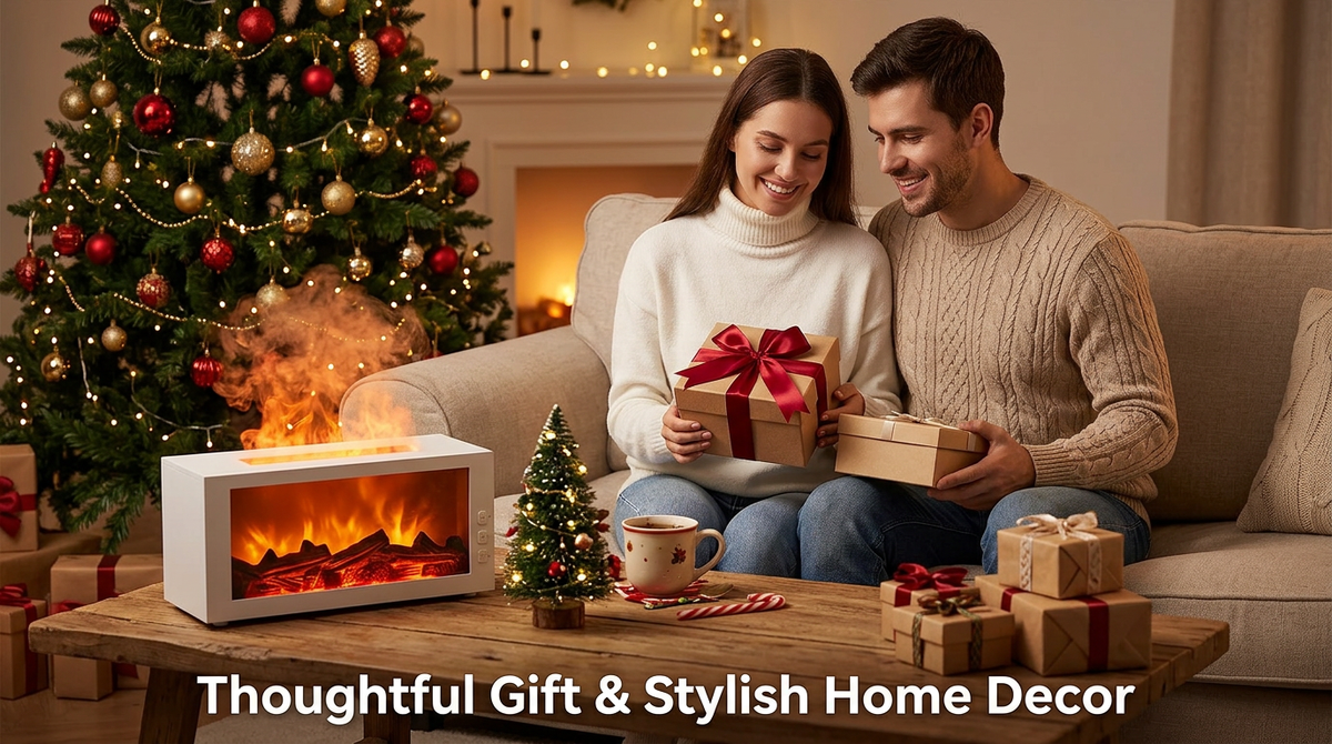 White fireplace diffuser as a thoughtful Christmas gift and stylish home decor, with a happy couple exchanging presents by the tree.