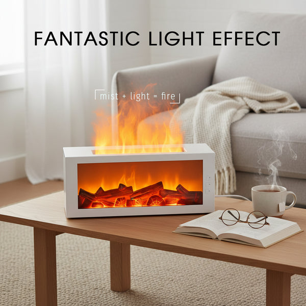 White fireplace diffuser on a wooden coffee table in the living room, demonstrating the fantastic flame light effect using mist and light technology.