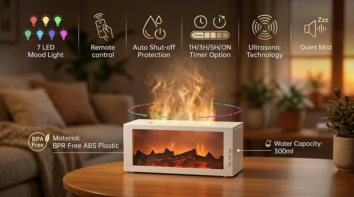 Infographic of white fireplace diffuser features: 7 LED mood light, remote control, auto shut-off protection, 1H/3H/5H timer, ultrasonic quiet mist, BPA-free ABS plastic, and 300ml water capacity.