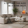 White fireplace diffuser used as elegant home decor on a wall shelf in a modern bright living room, adding ambiance with its flame effect.